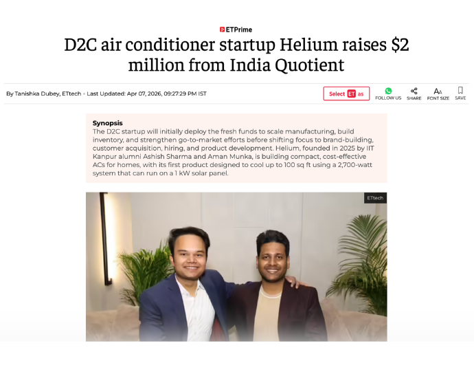 D2C air-conditioner startup Helium raises $2 million from India Quotient